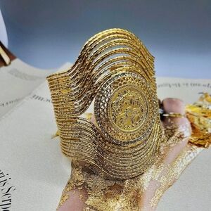 Handcrafted Arabic Crystal Embellished Coin Layered Wave Gold Cuff Bracelet